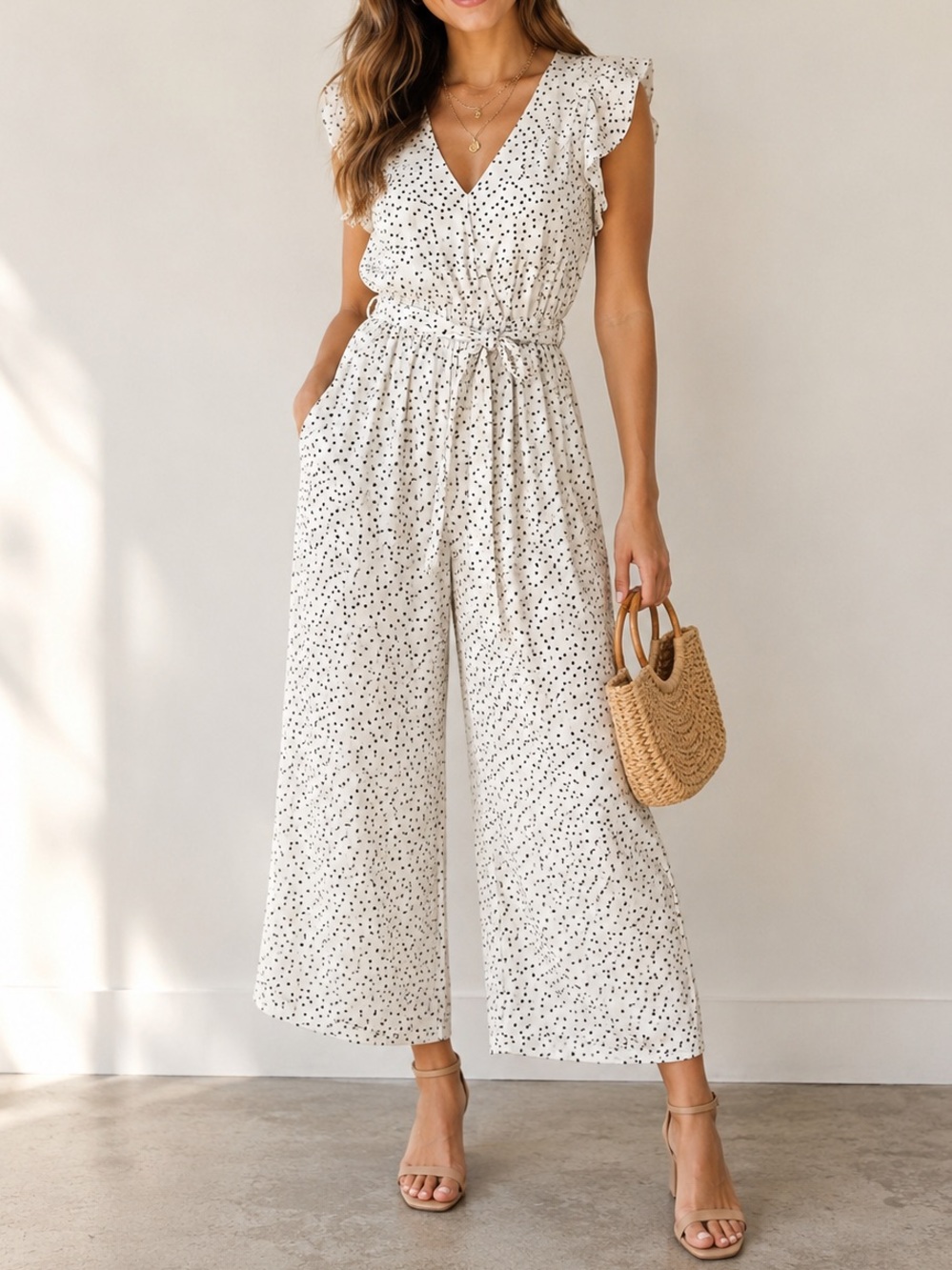 She + Sky Polka Dot Wide Leg Jumpsuit | Flutter Sleeve | Tie Waist | Size Small